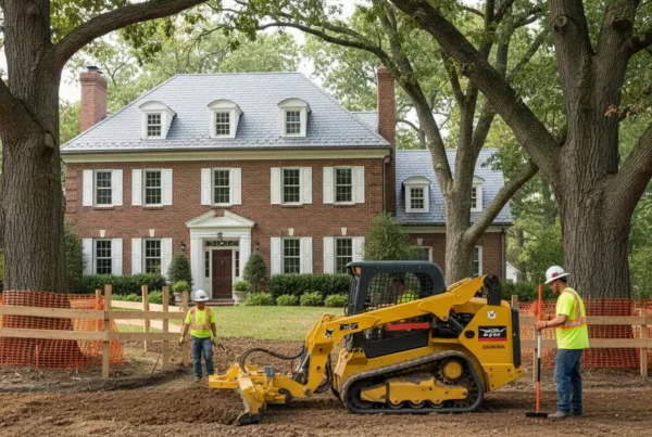 Professional crew performing land leveling on a Bexley, Ohio property with mature trees.