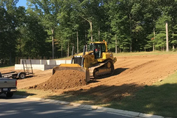Bulldozer performing land leveling on a steep, hilly residential lot in Lithopolis, Ohio.