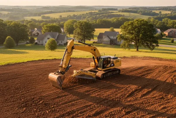 Excavator grading a residential lot with clay soil on a rolling hill in Hanover.