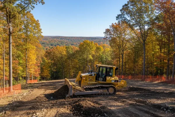 Bulldozer performing land leveling on a steep, wooded property in Granville, Ohio.