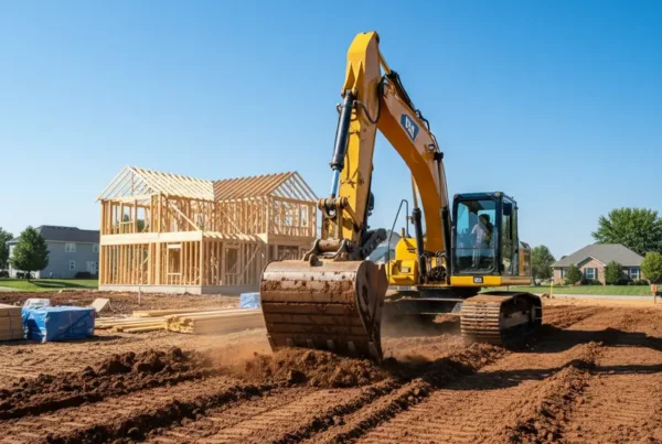 Excavator clearing a residential lot with heavy clay soil in a Hilliard, Ohio neighborhood.