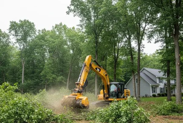 Excavator clearing underbrush and trees on a residential lot in Westerville, Ohio.