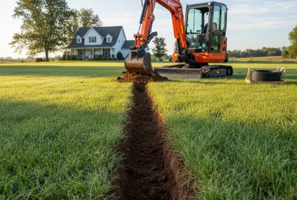 Mini-excavator digging a utility trench in the yard of a rural Ostrander, Ohio home.