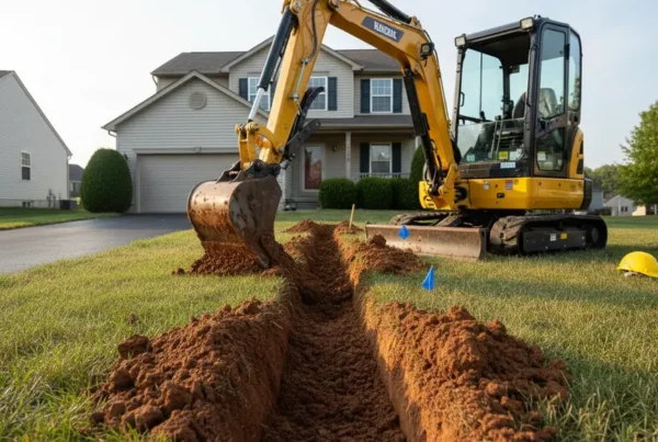 Mini-excavator digging a utility trench in the front yard of a Reynoldsburg home.
