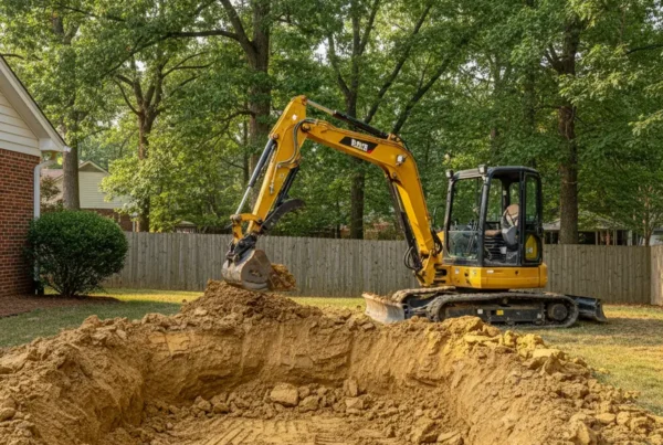 A compact excavator digging a pond in a residential backyard in Upper Arlington, Ohio.