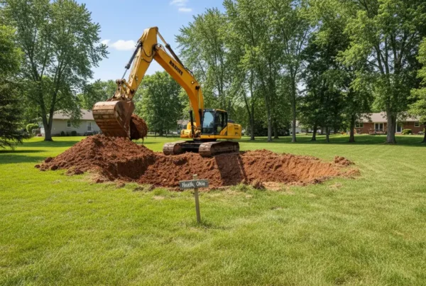 Excavator digging a new pond in a Heath, Ohio backyard with clay-heavy soil.