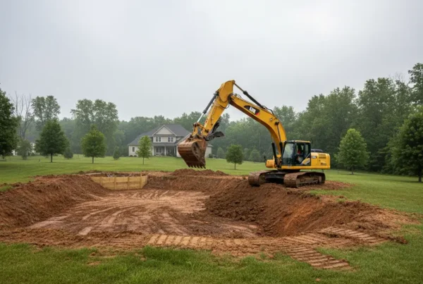 Excavator digging a new backyard pond in Magnetic Springs, Ohio, showing the heavy clay soil.