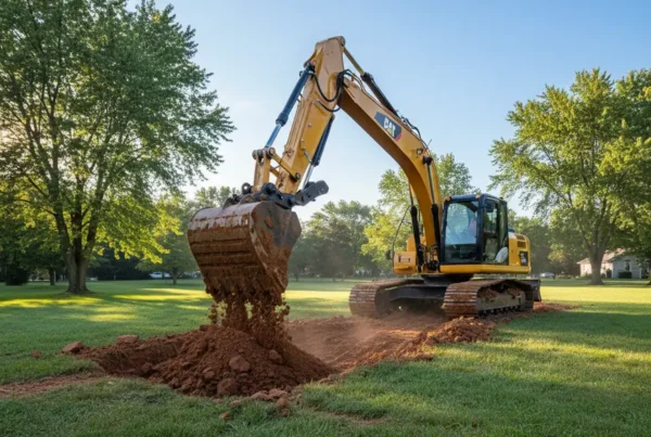 Excavator digging a new residential pond in a backyard with heavy clay soil.