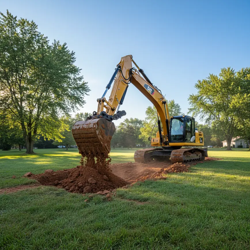Excavator digging a new residential pond in a backyard with heavy clay soil.