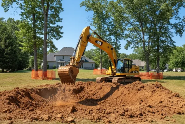 Excavator digging a residential pond in a Worthington, Ohio backyard with clay soil.