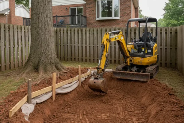 Compact mini-excavator performing pond excavation in a tight backyard with mature trees.