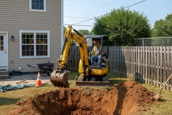 Mini-excavator performing pond excavation in a compact backyard with heavy clay soil.