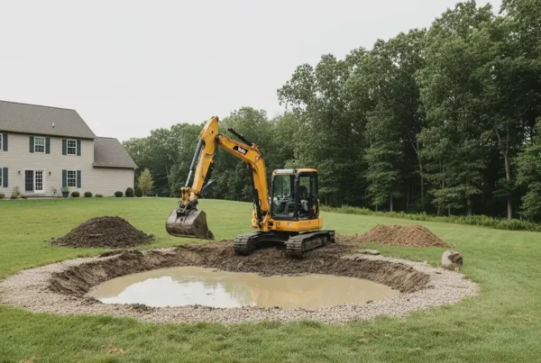 Compact excavator digging a new residential pond in a Gahanna, Ohio backyard with trees.
