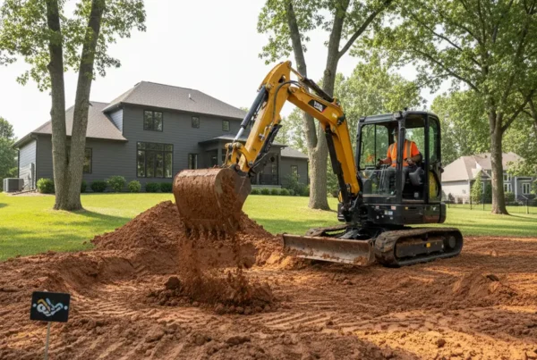 Compact excavator digging a backyard pond in Grove City, Ohio with clay soil.