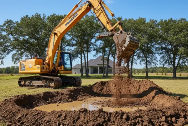 Excavator digging a new residential pond in a Groveport, Ohio backyard with clay soil.