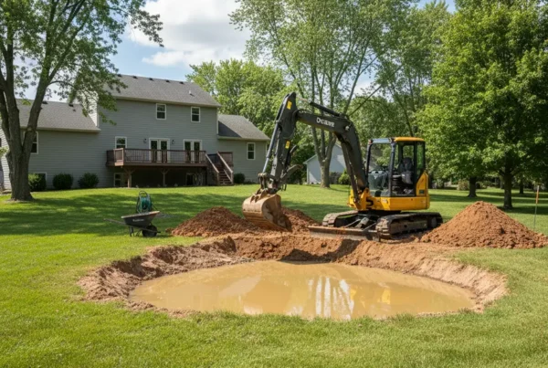 Excavator digging a backyard pond in Hilliard, Ohio, showing the heavy clay soil.