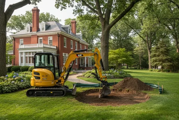 A compact excavator carefully digging a residential pond under a mature tree canopy in Bexley.
