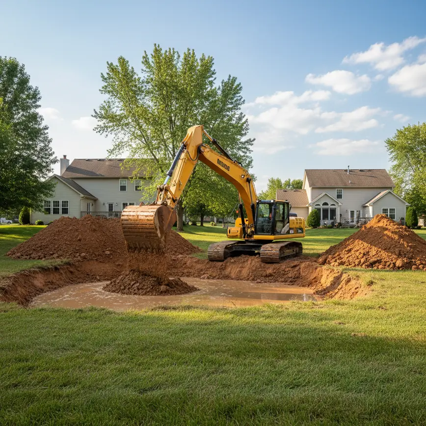 An excavator digging a backyard pond in a residential area in Magnetic Springs, Ohio.