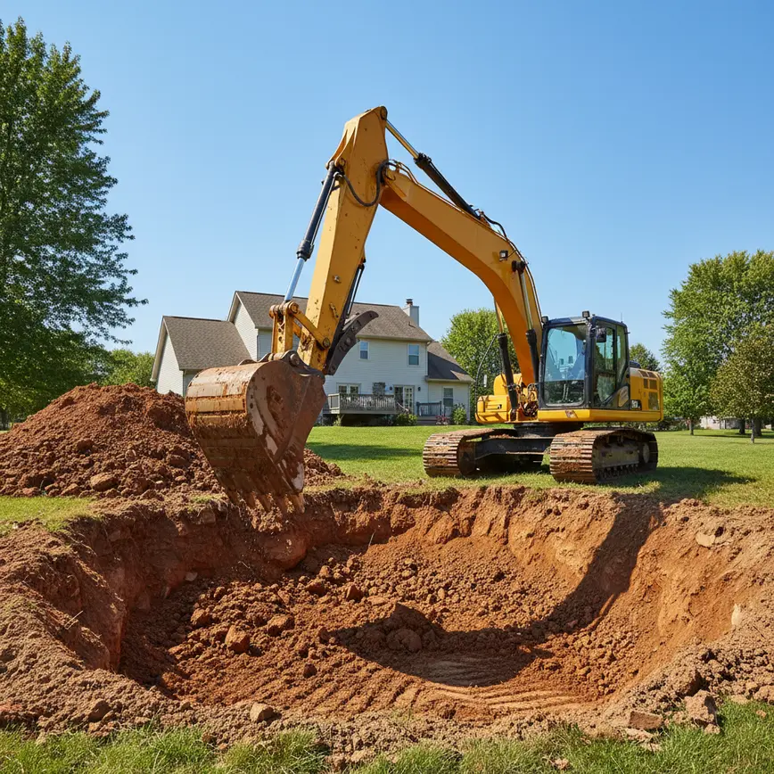 Excavator digging a new residential pond in Marysville, Ohio, showing the heavy clay soil.