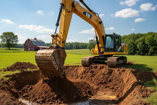 What is the difference between a backhoe and an excavator in Delaware, OH? (2026 Guide) 5 Excavator digging a new pond in a field with clay soil in Milford Center.