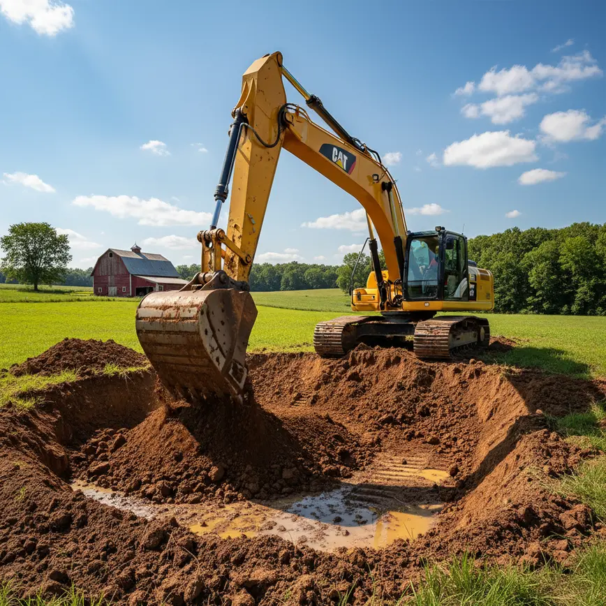 Excavator digging a new pond in a field with clay soil in Milford Center.