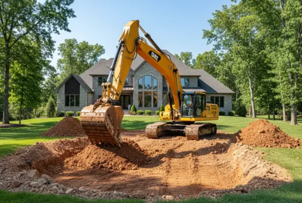 Excavator digging a new backyard pond in the clay soil of Orange Township, Ohio.