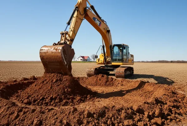What is the difference between an excavator and a backhoe in Worthington, OH? (2026 Guide) 3 Excavator digging a new pond in a flat agricultural field with clay soil in Plain City, Ohio.
