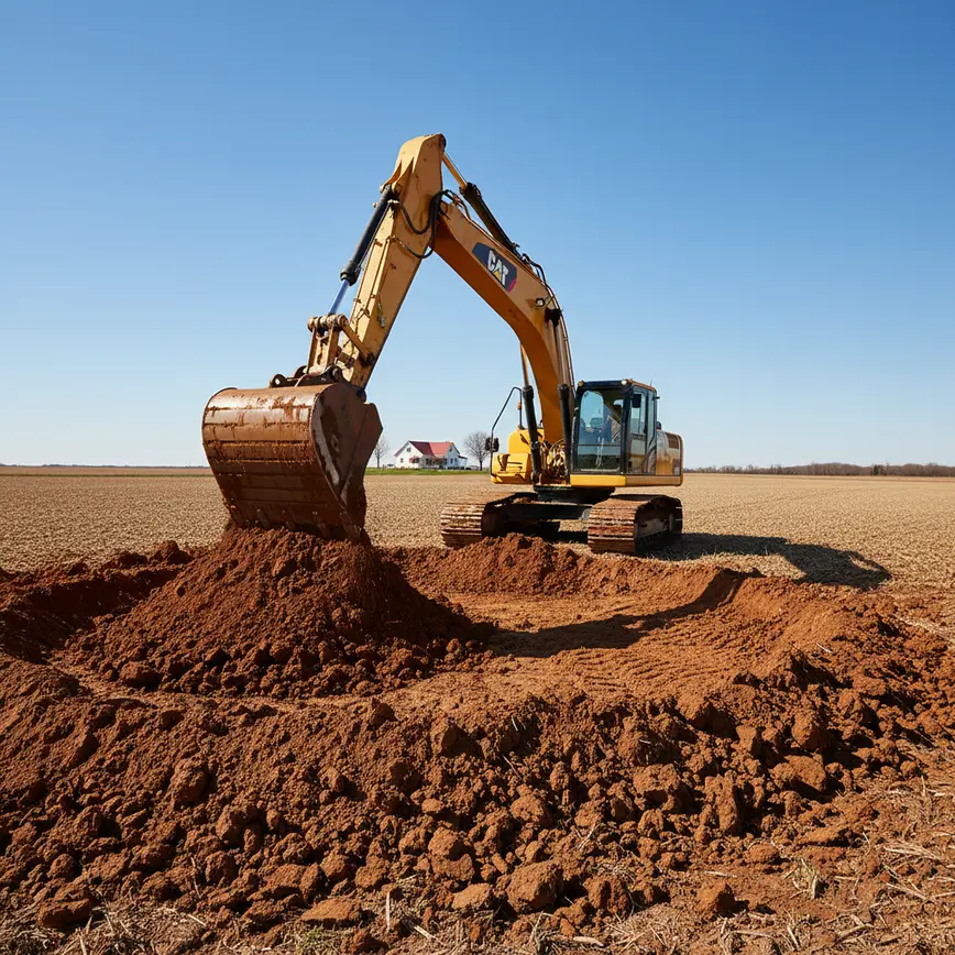 Excavator digging a new pond in a flat agricultural field with clay soil in Plain City, Ohio.