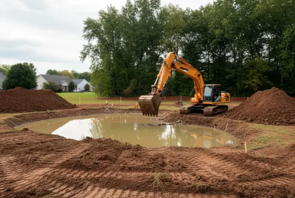 Excavator digging a new residential pond in Reynoldsburg, Ohio with piles of clay soil.