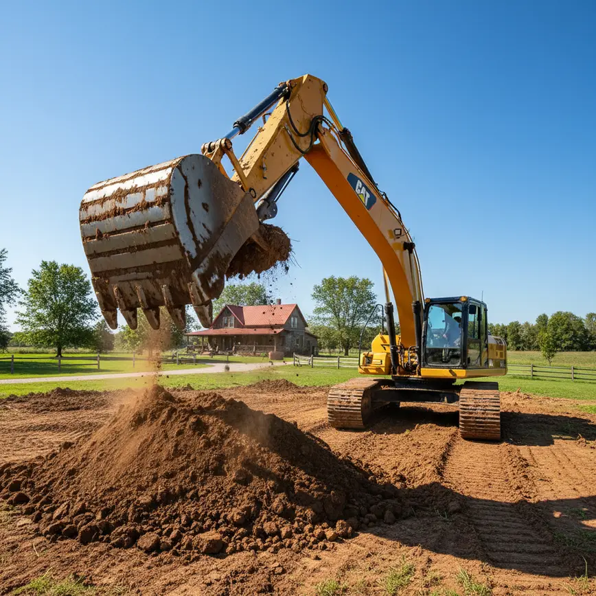 Excavator digging a new pond in Richwood, Ohio, with heavy clay soil.
