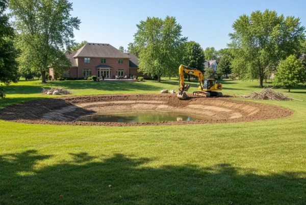 Excavator finishing a newly dug residential pond in a rolling Westerville, Ohio backyard.