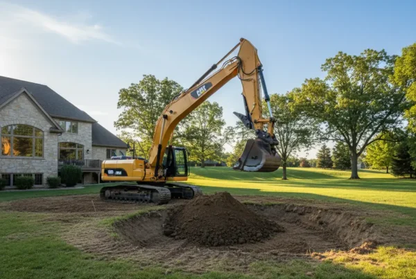 Excavator digging a new residential pond on a rolling green lawn in Dublin, Ohio.