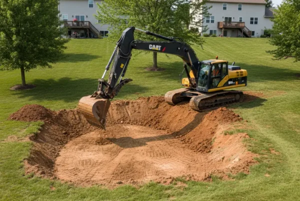 Excavator creating a residential pond on a sloped, grassy yard in Newark, Ohio.