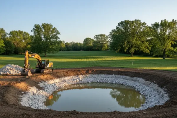 Newly excavated pond on a large estate property in New Albany, Ohio with limestone soil.