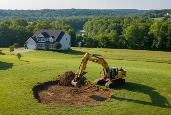 Excavator digging a residential pond on a property with rolling hills in Delaware, Ohio.
