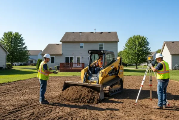 Professional crew land leveling a residential property in Westerville, Ohio with a compact bulldozer.