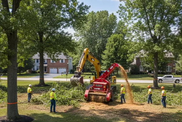 Professional crew using an excavator for lot clearing on a suburban property in Dublin, Ohio.