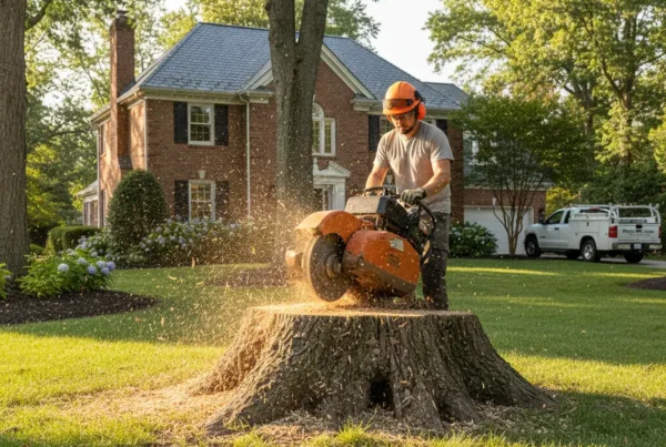 Professional performing stump grinding on a large tree stump in a Bexley, Ohio yard.