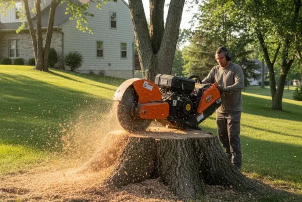 Professional stump grinding machine clearing a large tree stump on a sloped Ohio lawn.