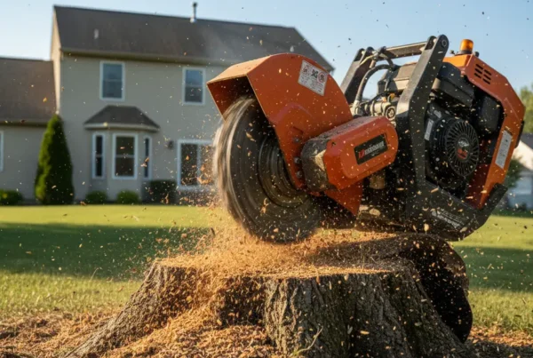 A professional stump grinder machine grinding a large tree stump in a backyard with clay soil.