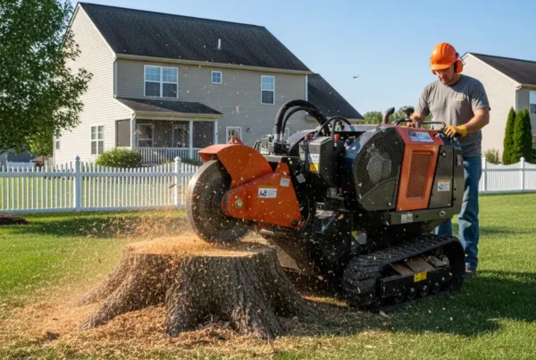 A professional stump grinding machine actively removing a tree stump in a residential yard.