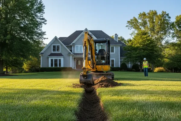 Mini-excavator digging a utility trench on a residential lawn in Dublin, Ohio.
