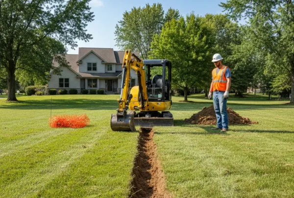 Mini-excavator digging a utility trench on a residential lawn in Heath, Ohio.