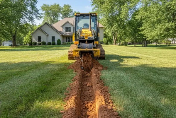 Trenching machine digging a drainage trench in a Hebron, Ohio backyard with clay soil.
