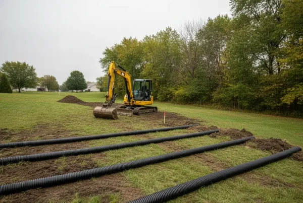 Residential backyard in Groveport, Ohio with new drainage pipes for an erosion control project.