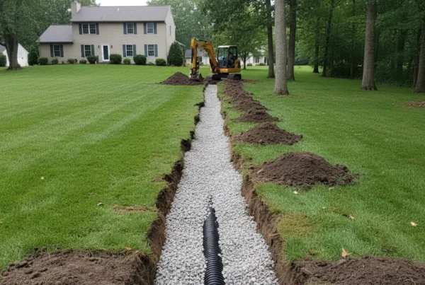 Newly installed French drain trench with gravel and pipe in a sloped backyard.