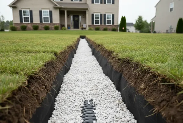 Cross-section of a new French drain installation in a residential backyard with clay soil.