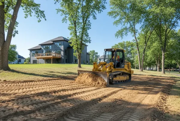 Compact bulldozer performing land leveling on a sloped residential lot in Groveport, Ohio.