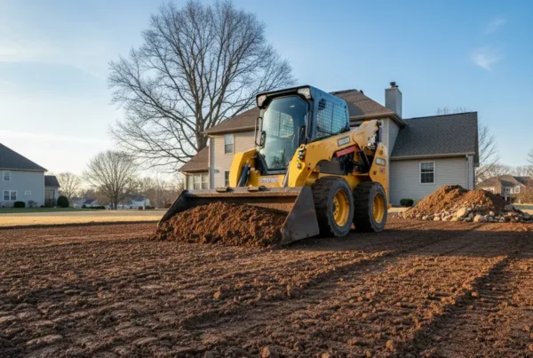 Skid steer performing residential land leveling on a lot with clay-heavy soil.