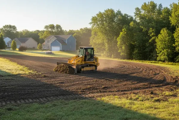 Small bulldozer performing residential land leveling on a sloped yard in Hebron, Ohio.
